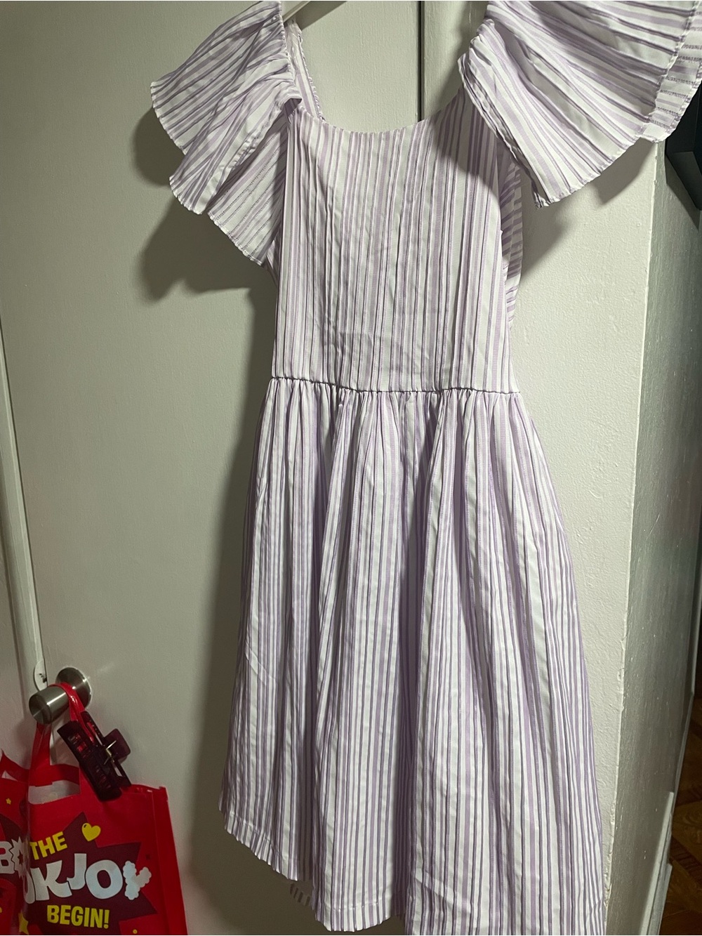 Girls' Lavender Stripe Ruffle Sleeve Dress